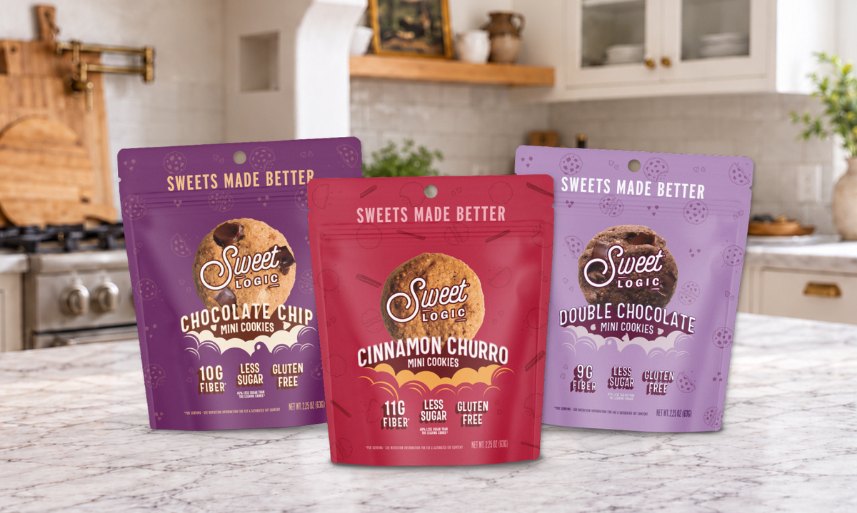 Chocolate Chip, Cinnamon Churro and Double Chocolate mini cookie pouches on a kitchen counter