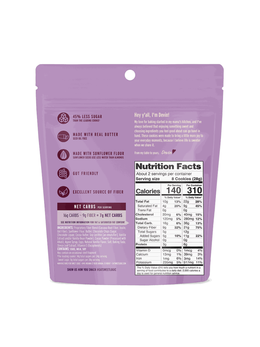 Double Chocolate mini cookies pouch, back with nutrition facts and ingredients
