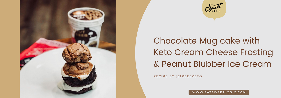 Chocolate Mug Cake with Keto Cream Cheese Frosting & Peanut Blubber Ice Cream