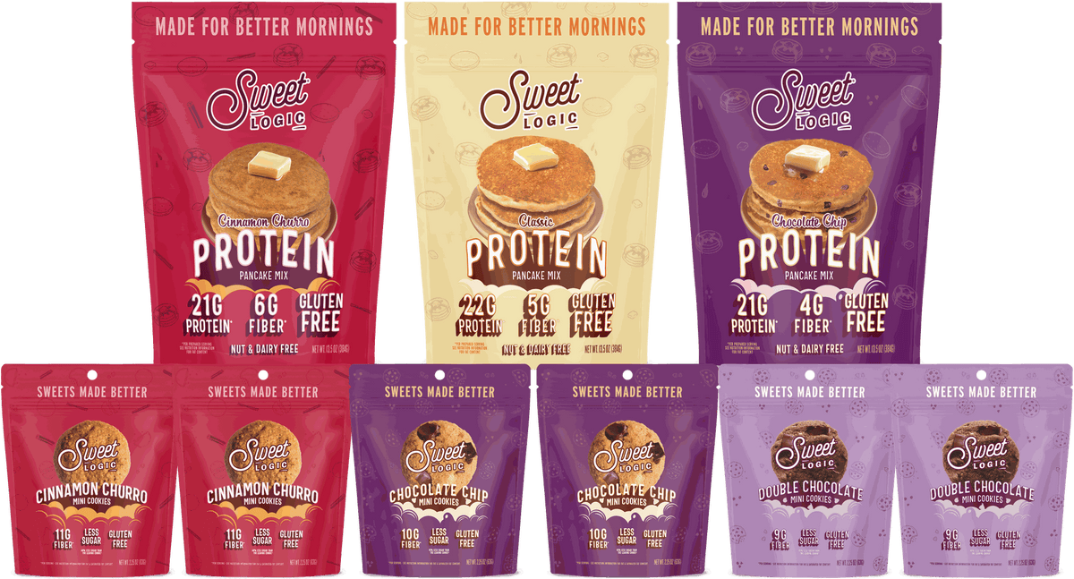 Bestseller Bundle: three protein pancake mixes (Cinnamon Churro, Classic, Chocolate Chip) and six mini cookie pouches (two each of Cinnamon Churro, Chocolate Chip, Double Chocolate)