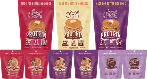 Bestseller Bundle: three protein pancake mixes (Cinnamon Churro, Classic, Chocolate Chip) and six mini cookie pouches (two each of Cinnamon Churro, Chocolate Chip, Double Chocolate)
