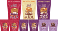 Bestseller Bundle: three protein pancake mixes (Cinnamon Churro, Classic, Chocolate Chip) and six mini cookie pouches (two each of Cinnamon Churro, Chocolate Chip, Double Chocolate)