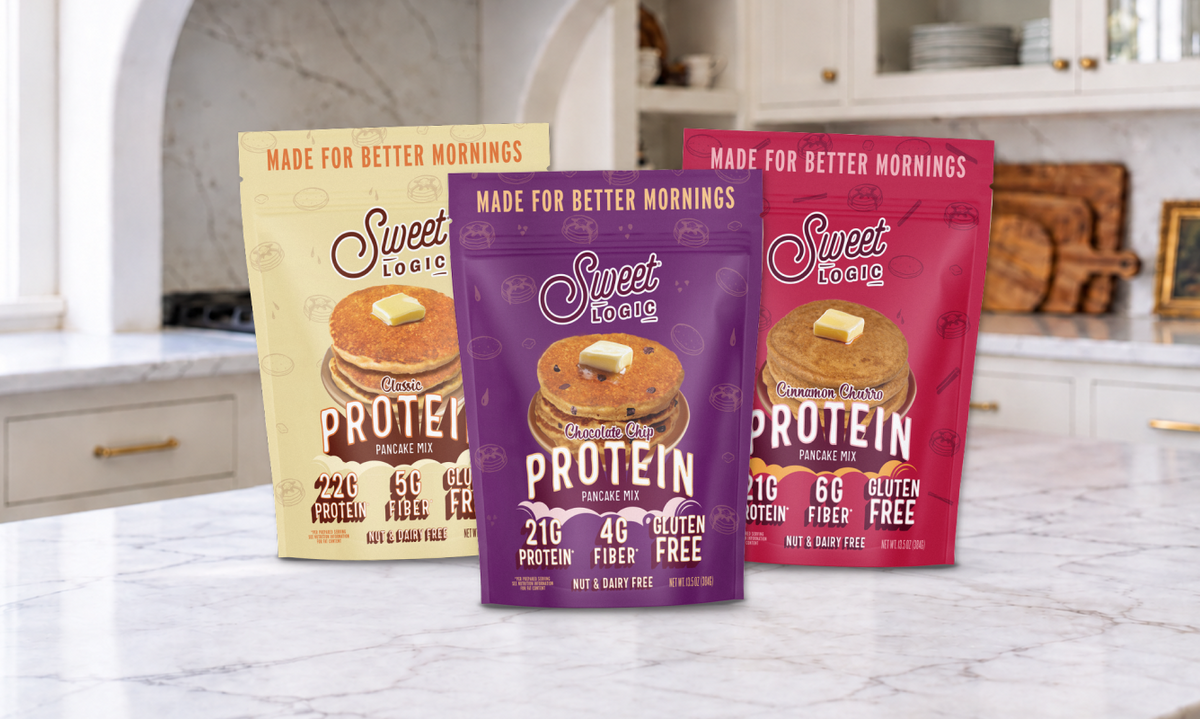 Classic, Chocolate Chip and Cinnamon Churro protein pancake mix pouches on a kitchen counter