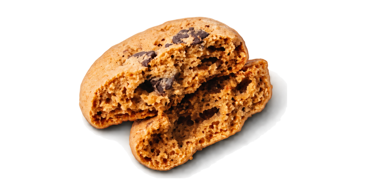A chocolate chip mini cookie broken in half
