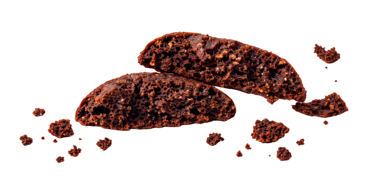 A double chocolate mini cookie broken in half