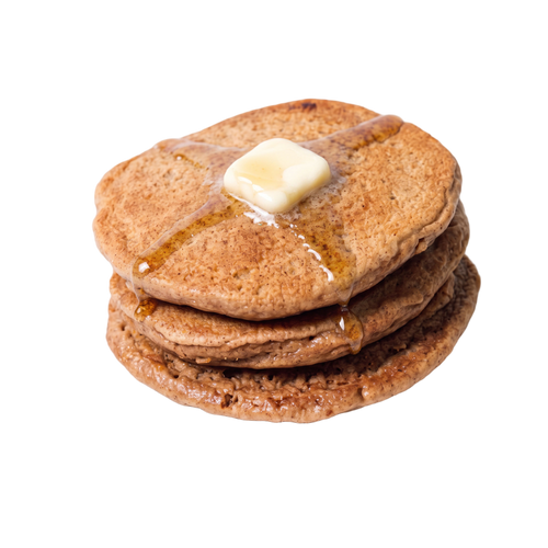 Cinnamon Churro protein pancake stack with butter and syrup