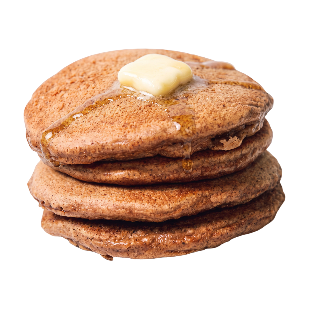 Classic protein pancake stack with butter and syrup