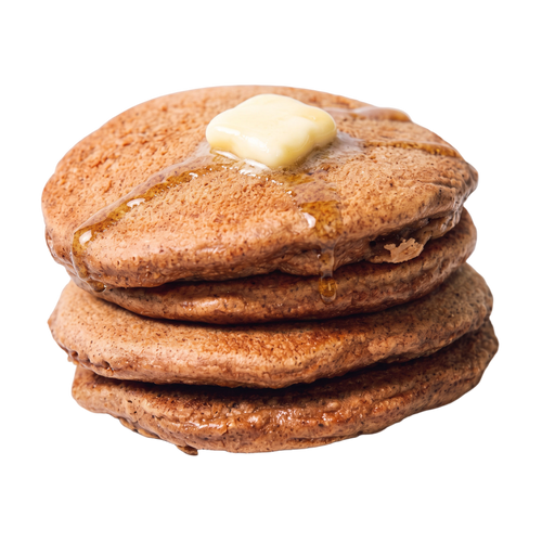 Classic protein pancake stack with butter and syrup