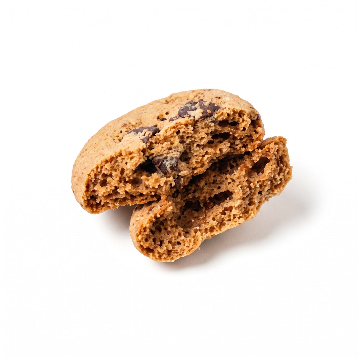 A chocolate chip mini cookie broken in half
