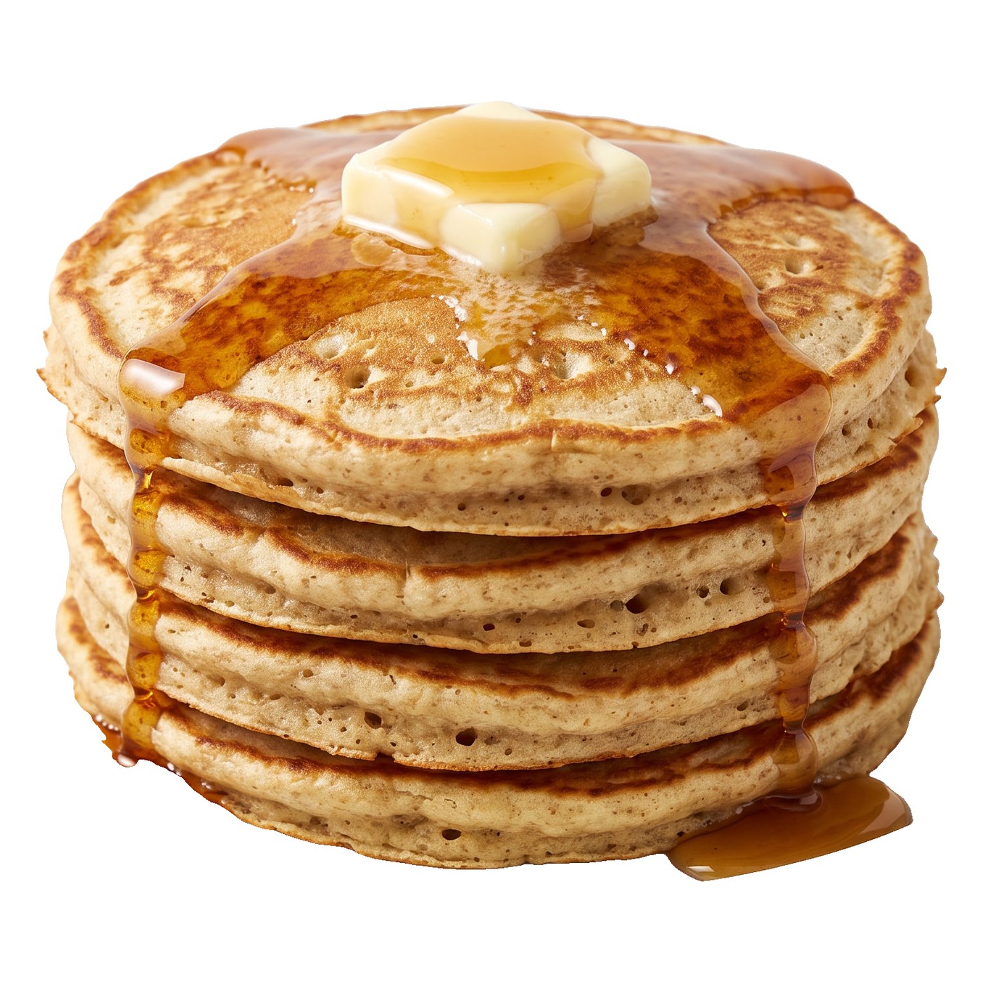 Stack of protein pancakes topped with butter and syrup (serving suggestion)