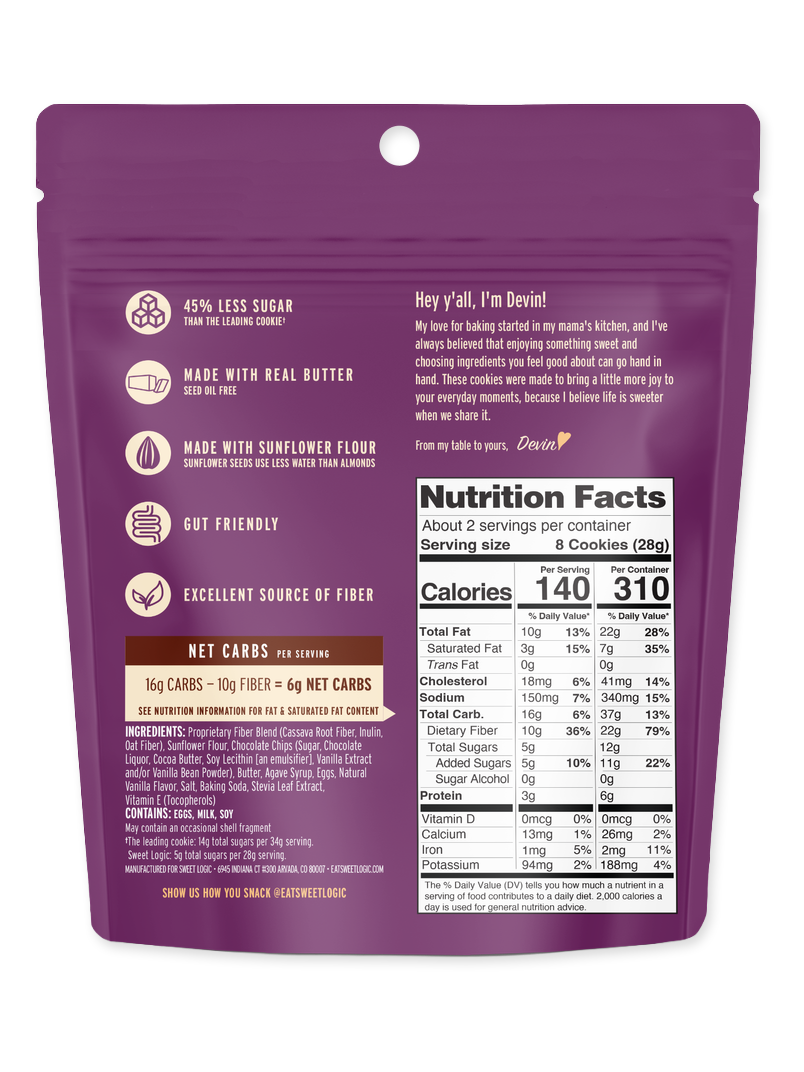 Chocolate Chip mini cookies pouch, back with nutrition facts and ingredients