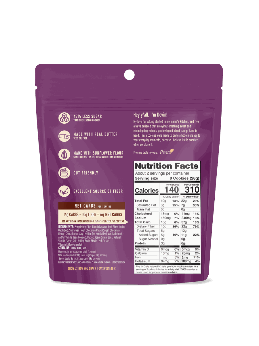 Chocolate Chip mini cookies pouch, back with nutrition facts and ingredients