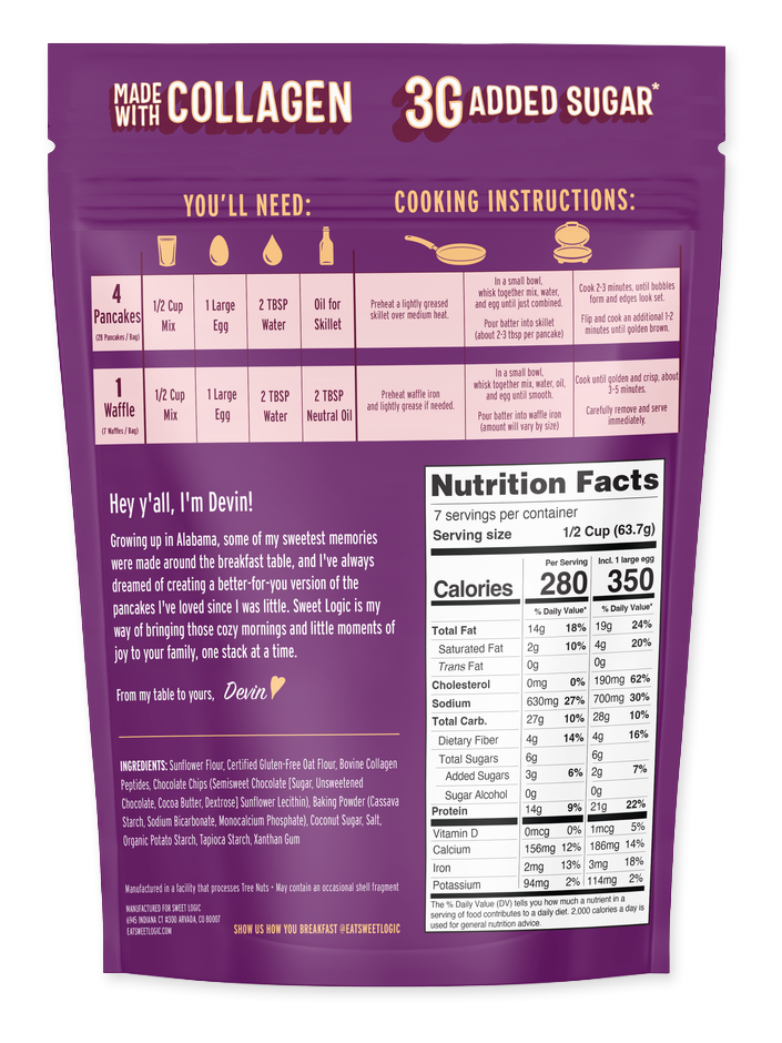 Chocolate Chip protein pancake mix pouch, back with cooking instructions and nutrition facts