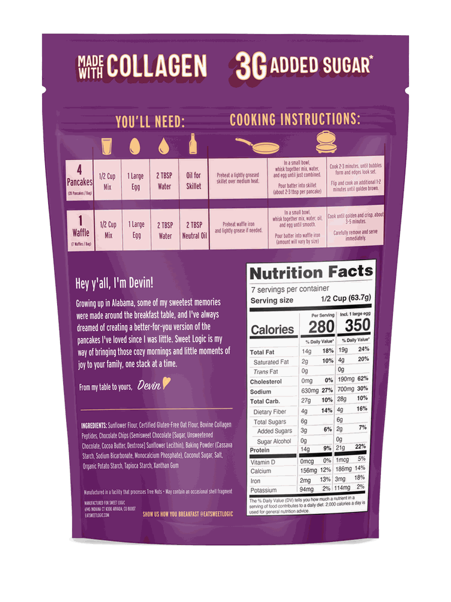 Chocolate Chip protein pancake mix pouch, back with cooking instructions and nutrition facts
