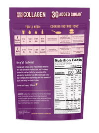 Chocolate Chip protein pancake mix pouch, back with cooking instructions and nutrition facts