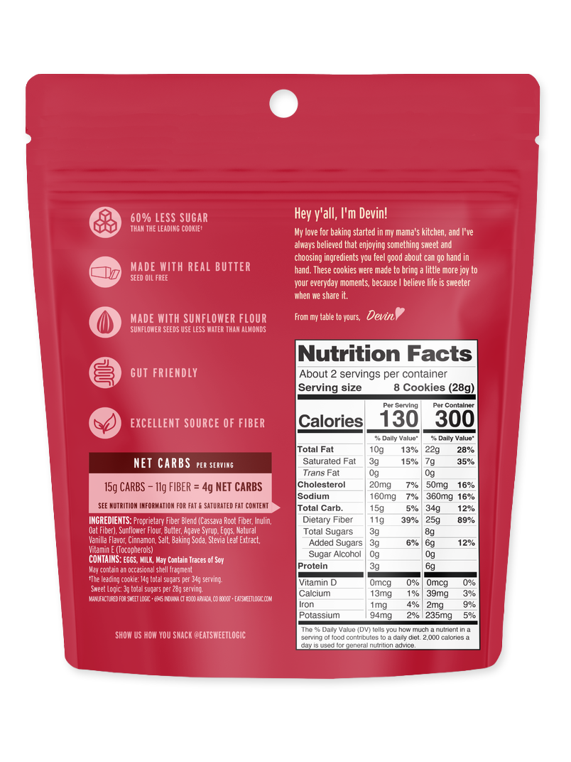 Cinnamon Churro mini cookies pouch, back with nutrition facts and ingredients