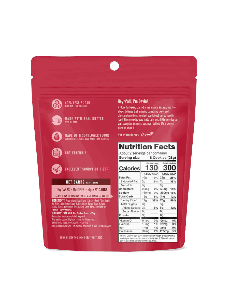 Cinnamon Churro mini cookies pouch, back with nutrition facts and ingredients
