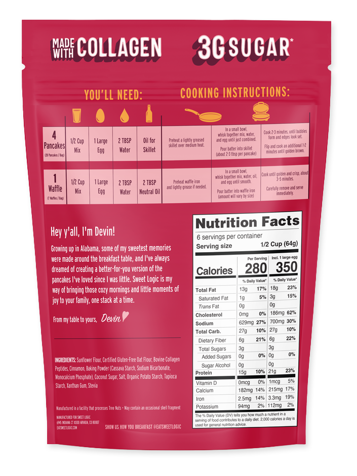 Cinnamon Churro protein pancake mix pouch, back with cooking instructions and nutrition facts