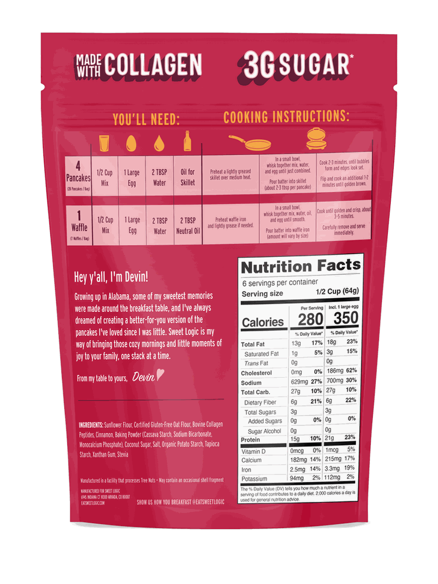 Cinnamon Churro protein pancake mix pouch, back with cooking instructions and nutrition facts