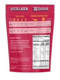 Cinnamon Churro protein pancake mix pouch, back with cooking instructions and nutrition facts