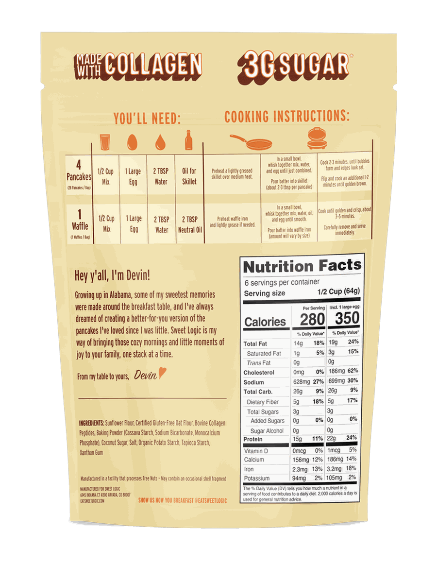 Classic protein pancake mix pouch, back with cooking instructions and nutrition facts